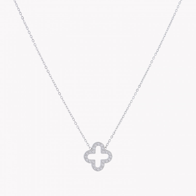 Collier acier trèfle et zirconies GB