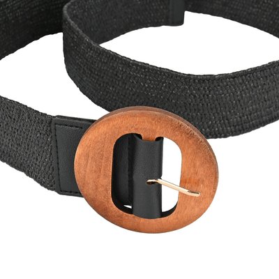 Raffia belt with wood round buckle GB