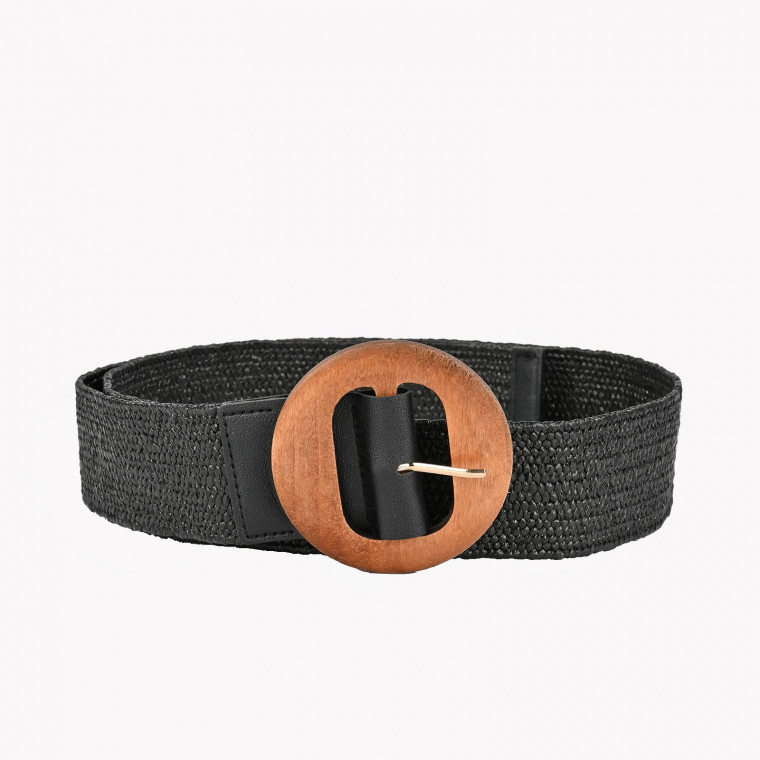 Raffia belt with wood round buckle GB