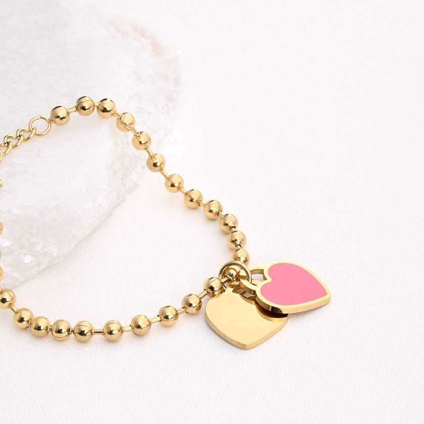 Pulsera en acero corazón doble rosa GB
