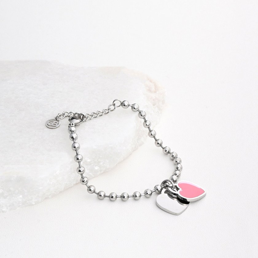 Pulseira em aço coração duplo rosa GB