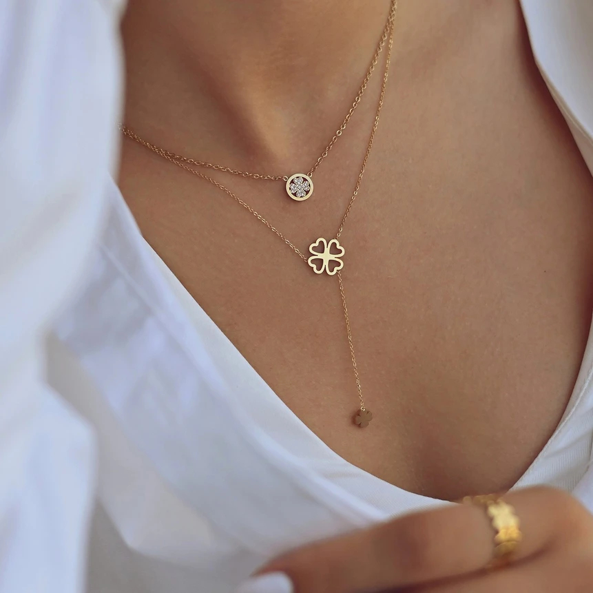 Steel necklace double clover GB
