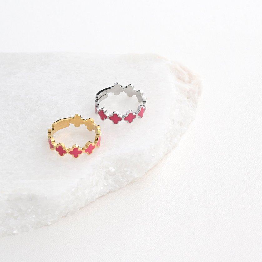 Adjustable ring steel clovers pink GB