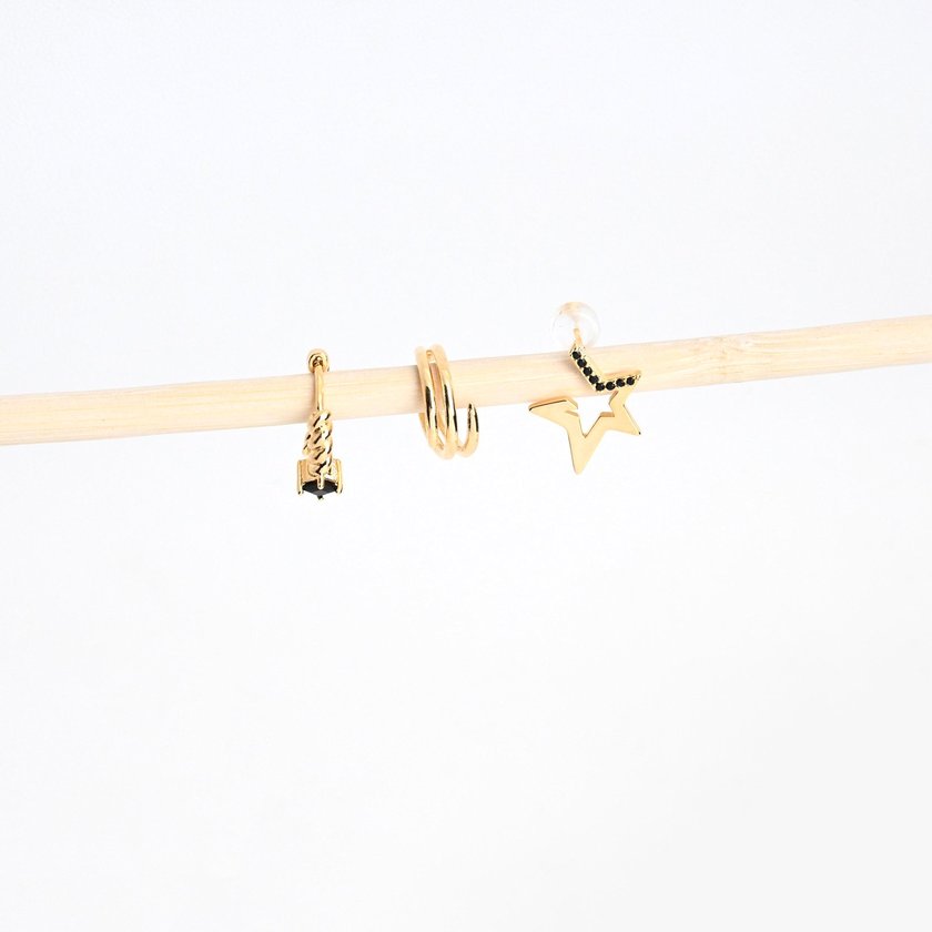 Set of gold plated earrings star black GB