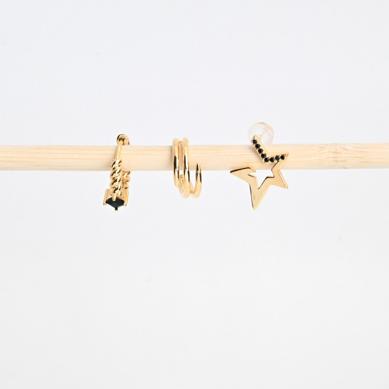 Set of gold plated earrings star black GB