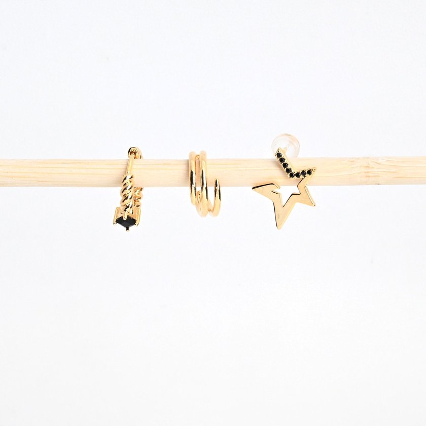 Set of gold plated earrings star black GB