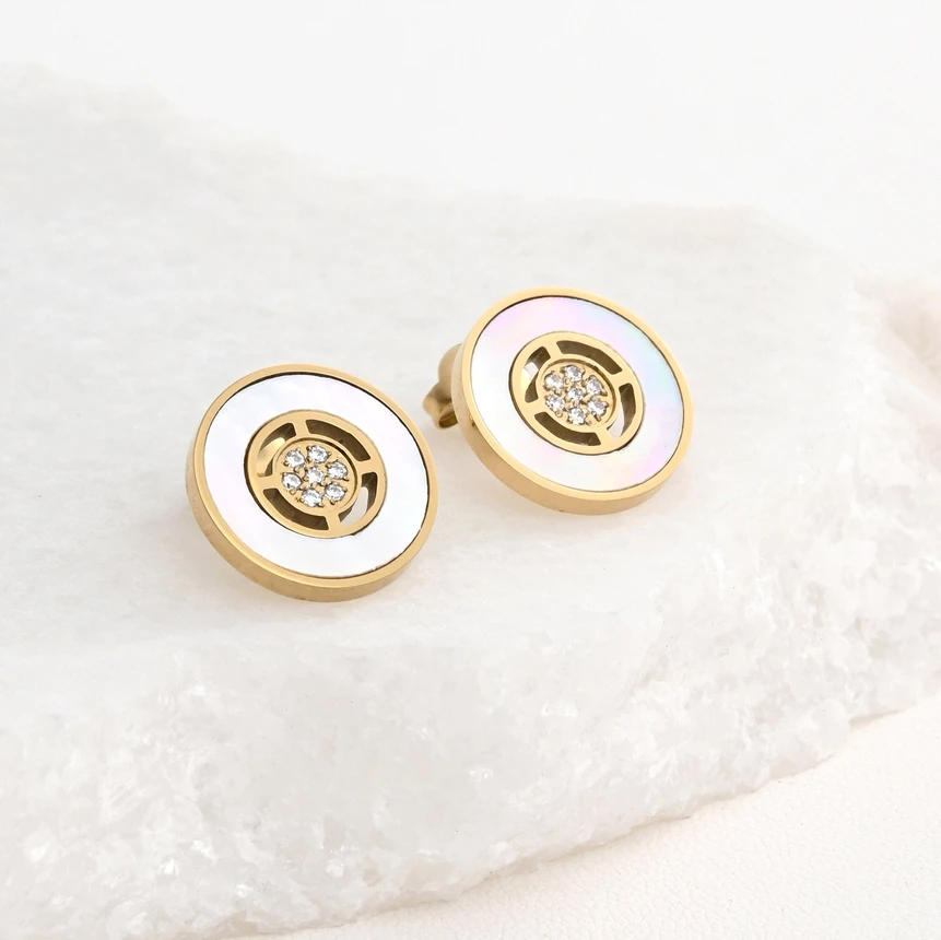 Boucles d\'oreilles en acier nacre et zircones GB