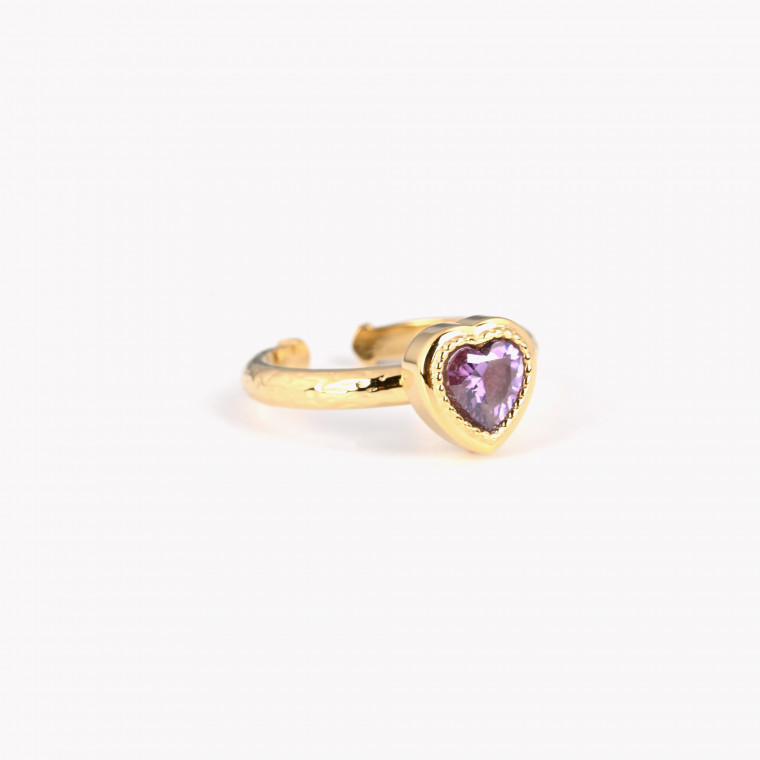 Steel adjustable ring thin heart purple GB