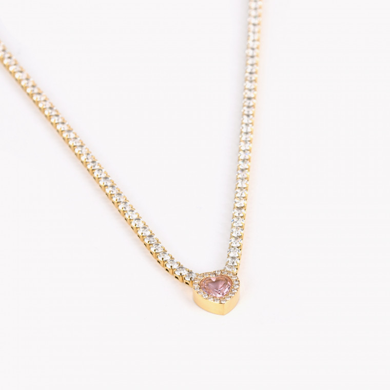 Steel necklace rivière heart pink GB