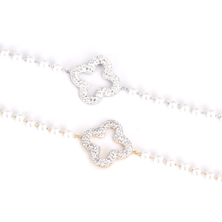 Steel bracelet pearls and clover GB