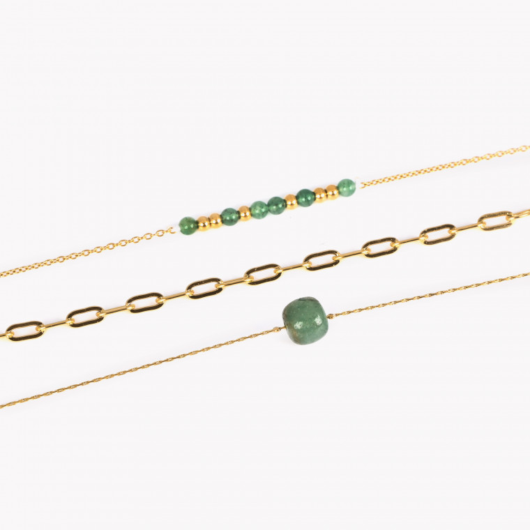 Conjunto pulseiras em aço e pedra verde GB