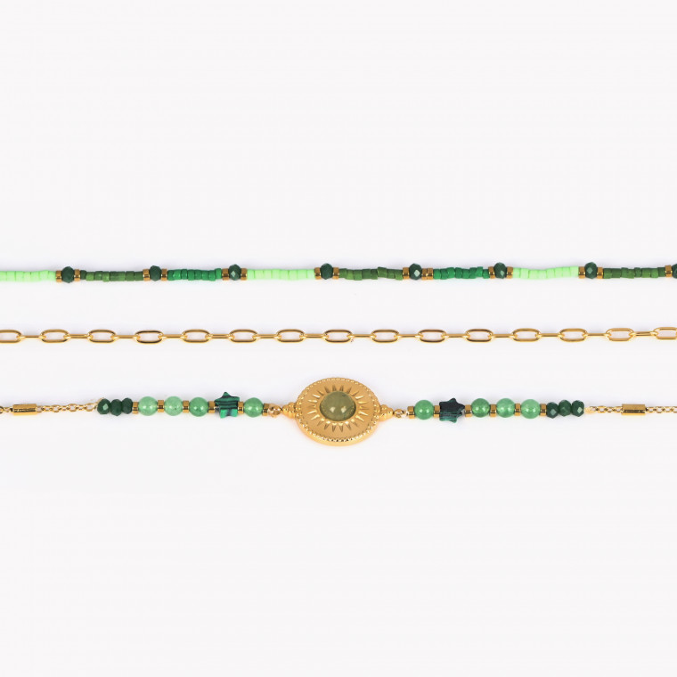 Conjunto pulseiras em aço dourada e verde GB