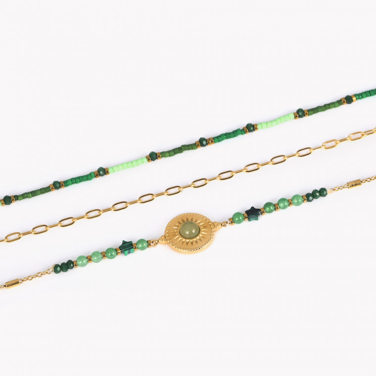 Conjunto pulseiras em aço dourada e verde GB