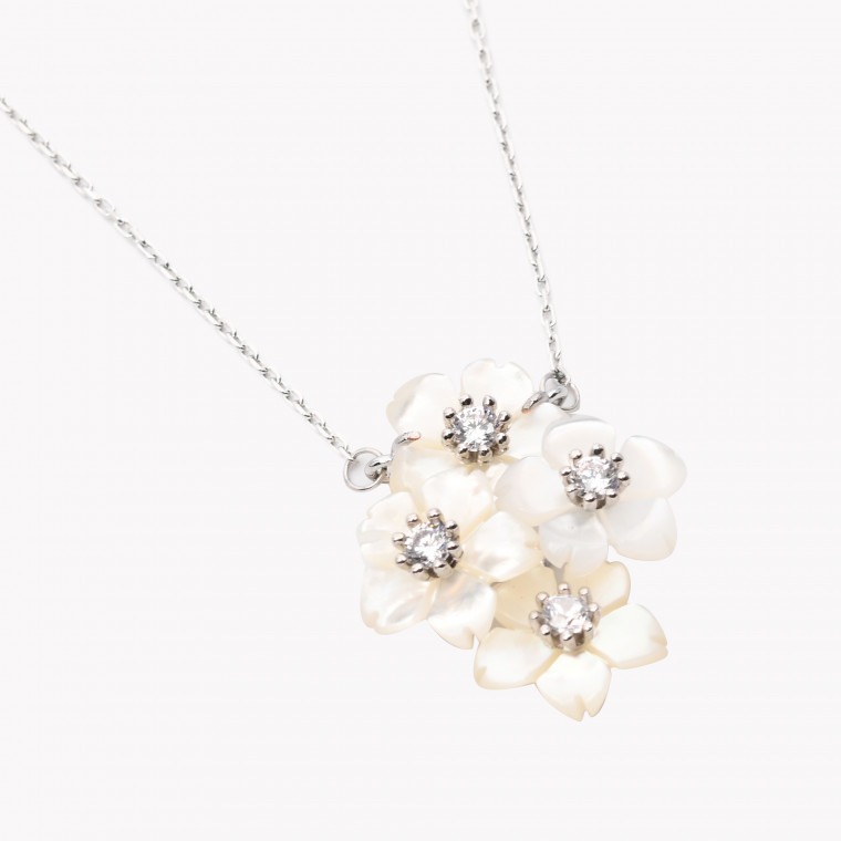 Steel necklace motherpearl flowers GB