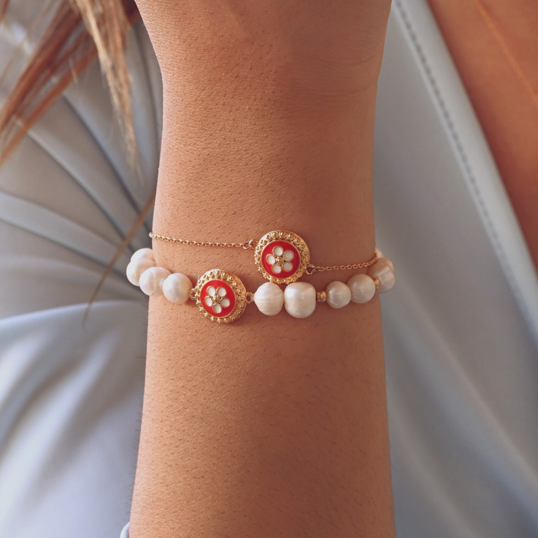 Bracelet plaqué or fleur perles GB