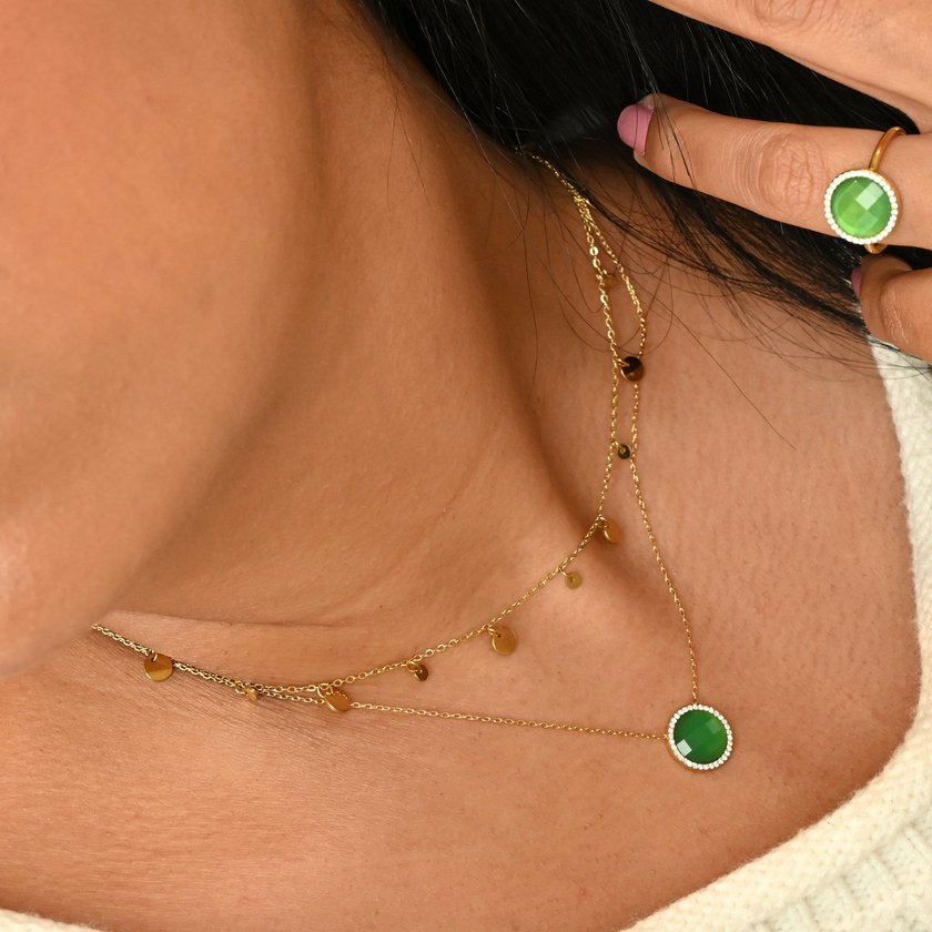 Necklace stainless steel natural stone round GB