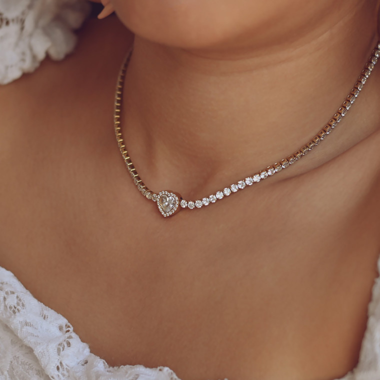 Steel necklace rivière heart transparent GB