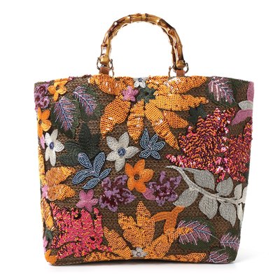 Straw bag with embroidered flowers and sequins GB