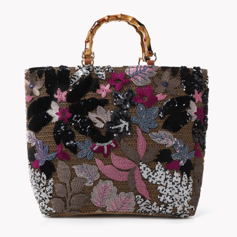 Straw bag with embroidered flowers and sequins GB