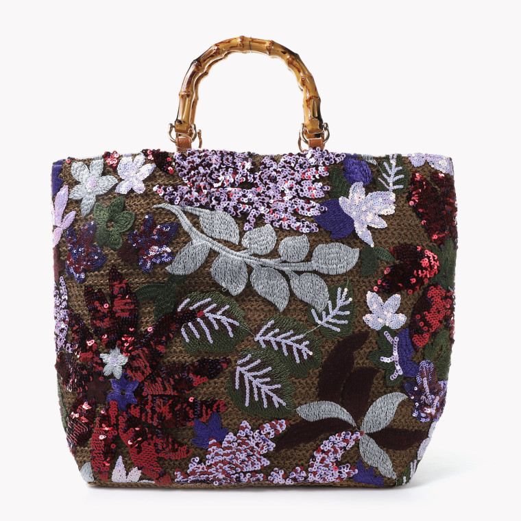 Straw bag with embroidered flowers and sequins GB