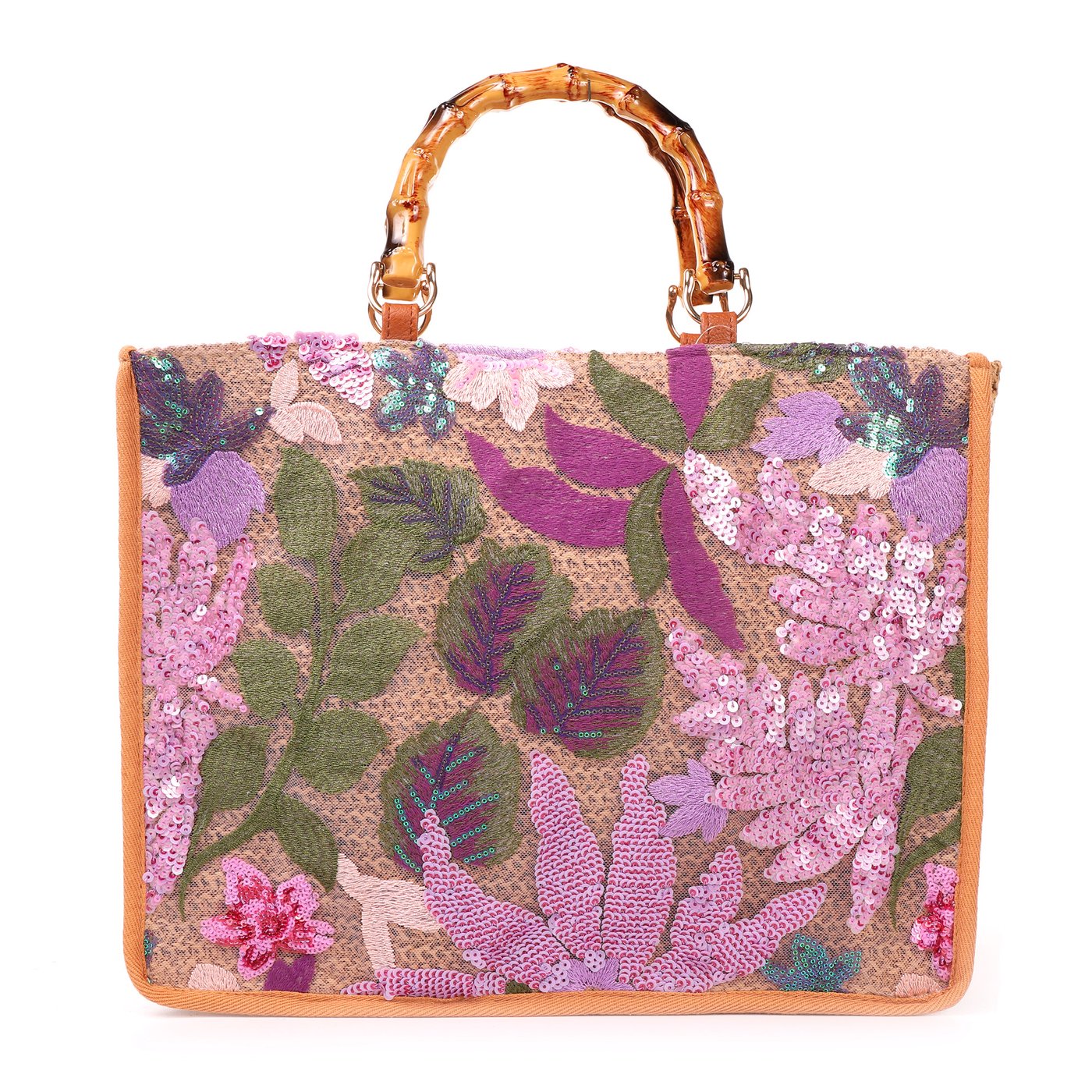 Straw bag with bamboo handle and GB sequins