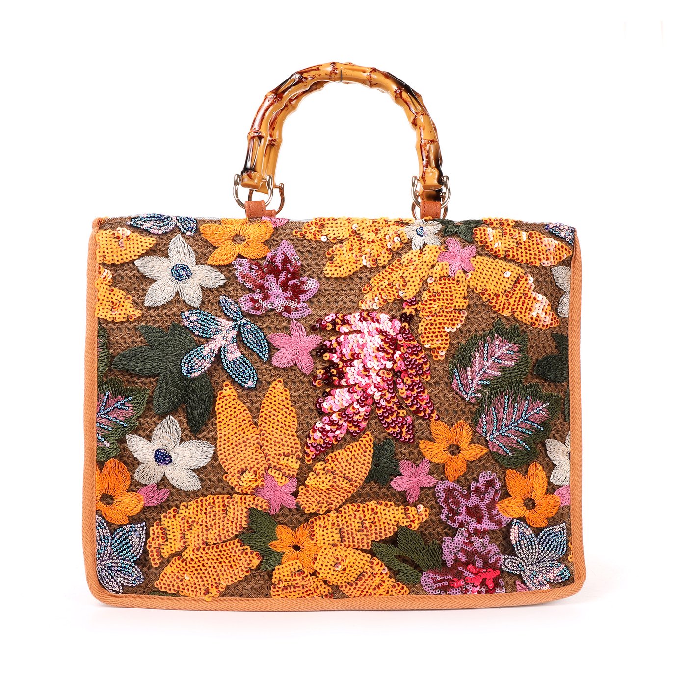 Sac en paille avec anse en bambou et paillettes GB