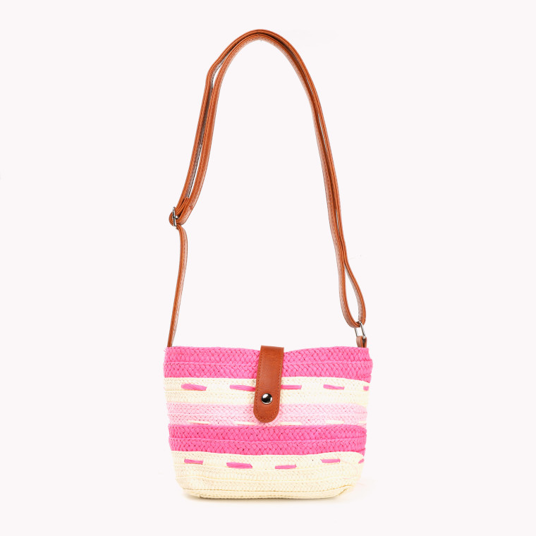 Straw bag with stripes and GB button closure