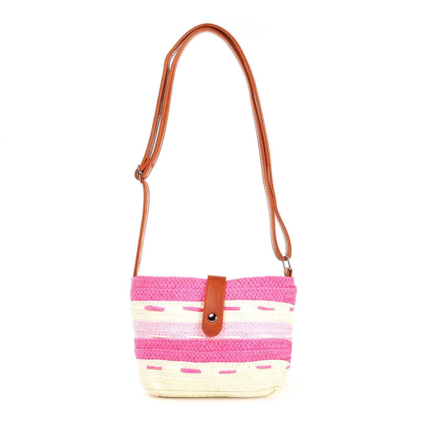 Straw bag with stripes and GB button closure