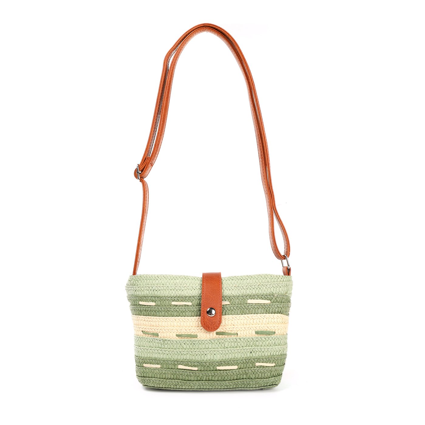 Straw bag with stripes and GB button closure