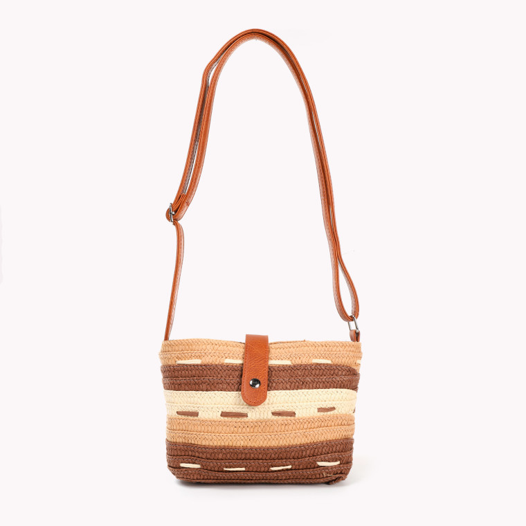 Straw bag with stripes and GB button closure