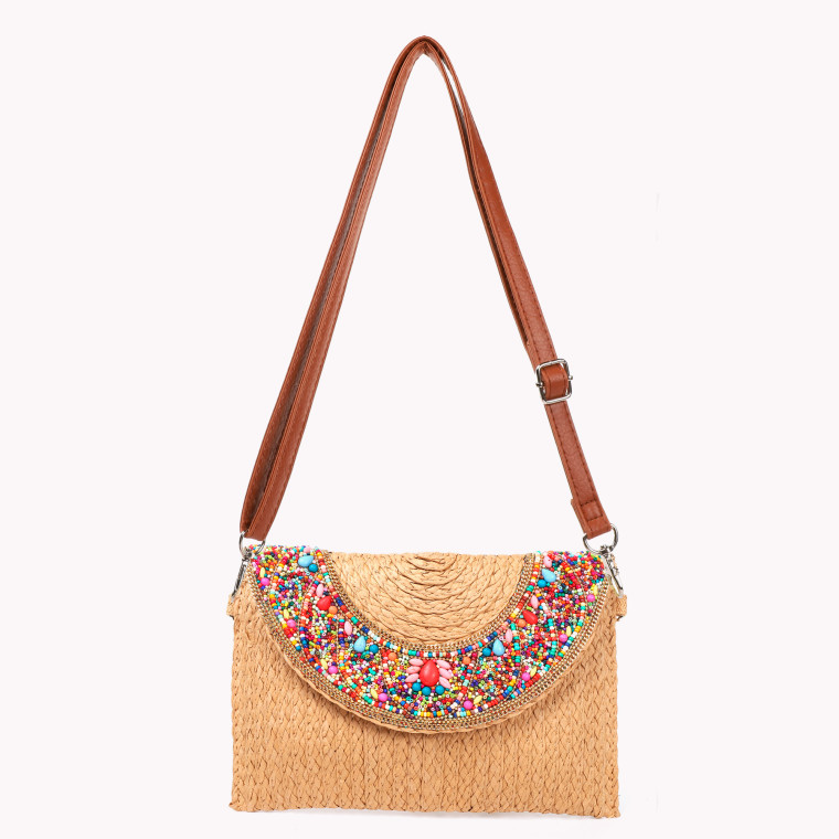 Straw bag with multicolored bead closure GB