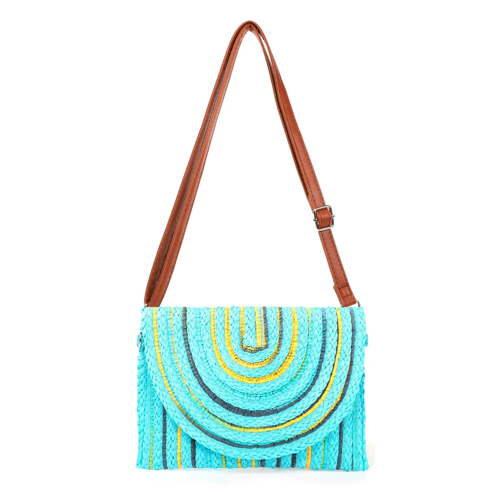 Bolsa tiracolo em palha com linhas coloridas GB