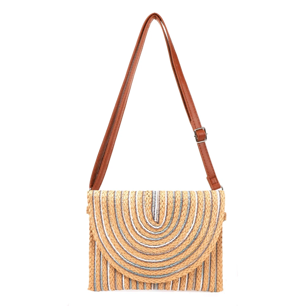 Bolsa tiracolo em palha com linhas coloridas GB