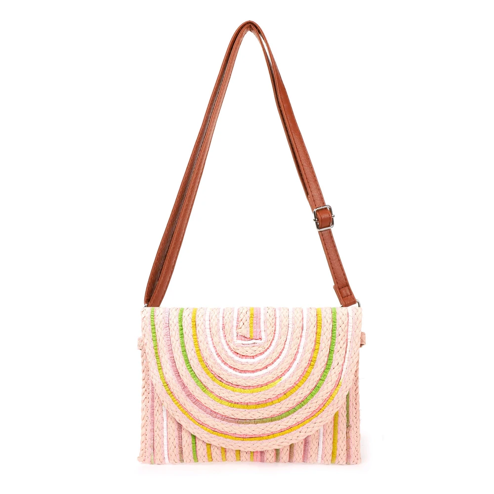 Bolsa tiracolo em palha com linhas coloridas GB