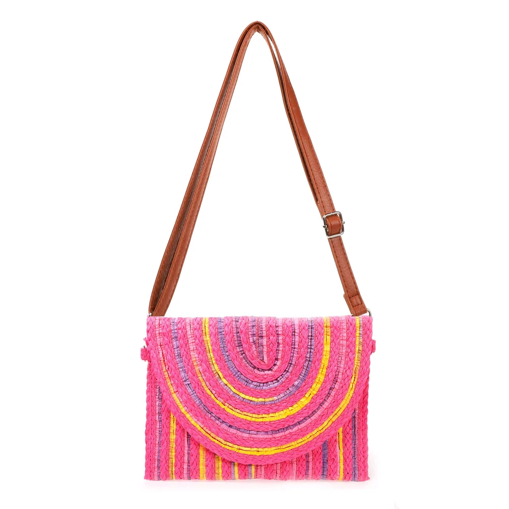 Bolsa tiracolo em palha com linhas coloridas GB