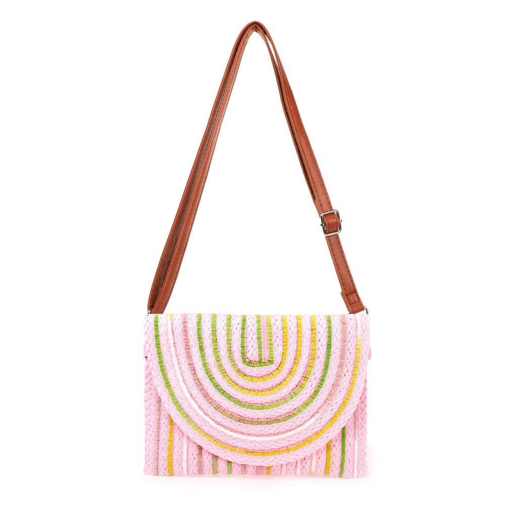 Bolsa tiracolo em palha com linhas coloridas GB