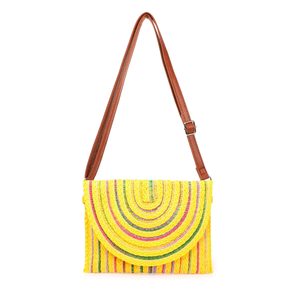 Bolsa tiracolo em palha com linhas coloridas GB
