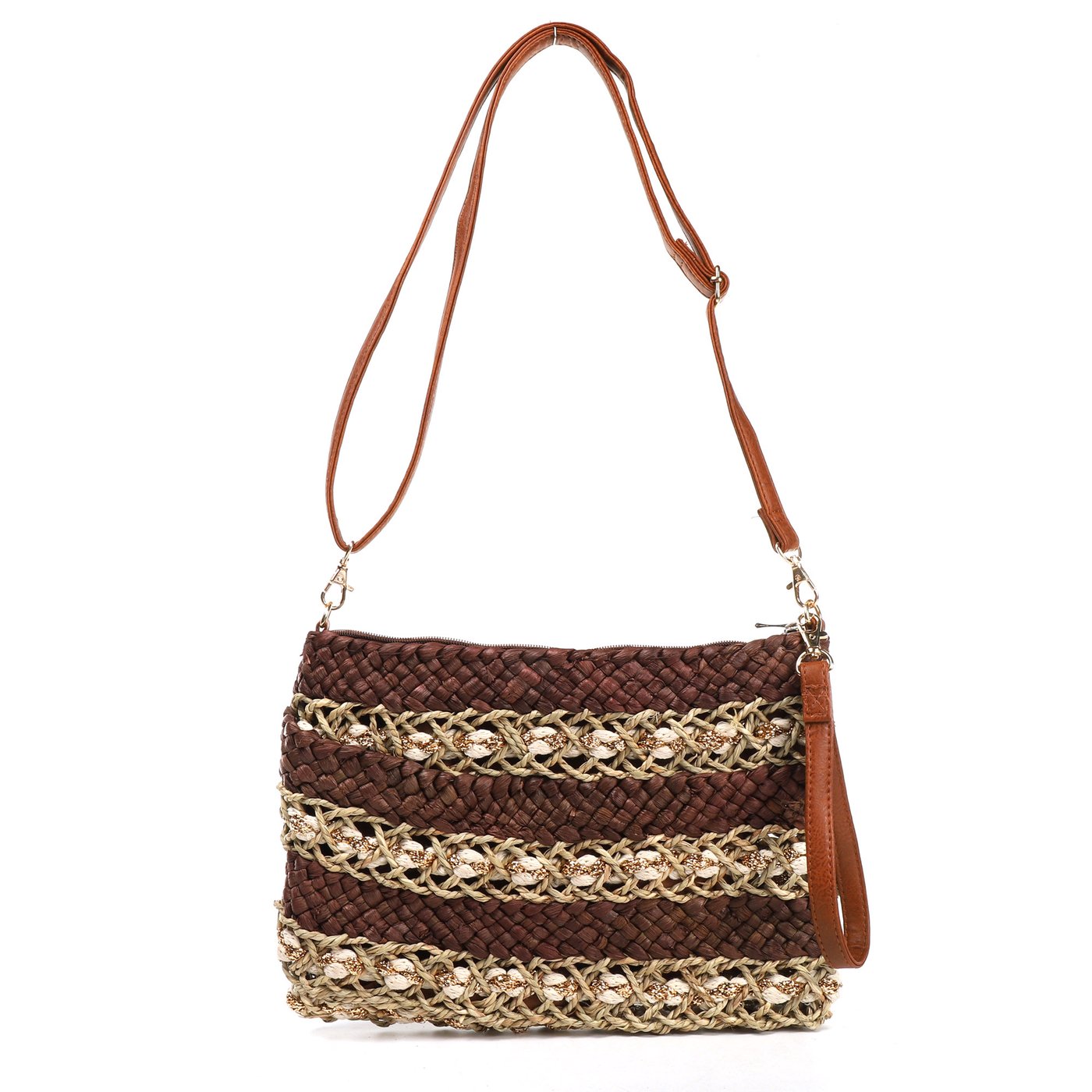 Straw bag with shiny GB interlacing