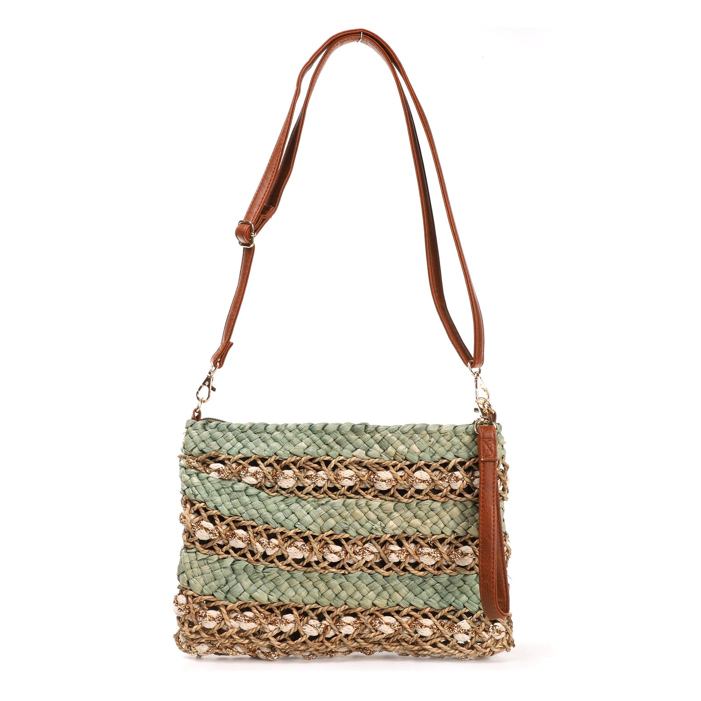 Straw bag with shiny GB interlacing