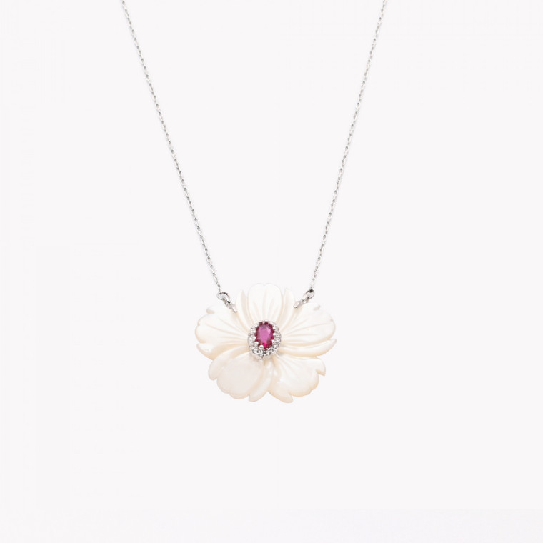 Steel necklace motherpearl flower red GB