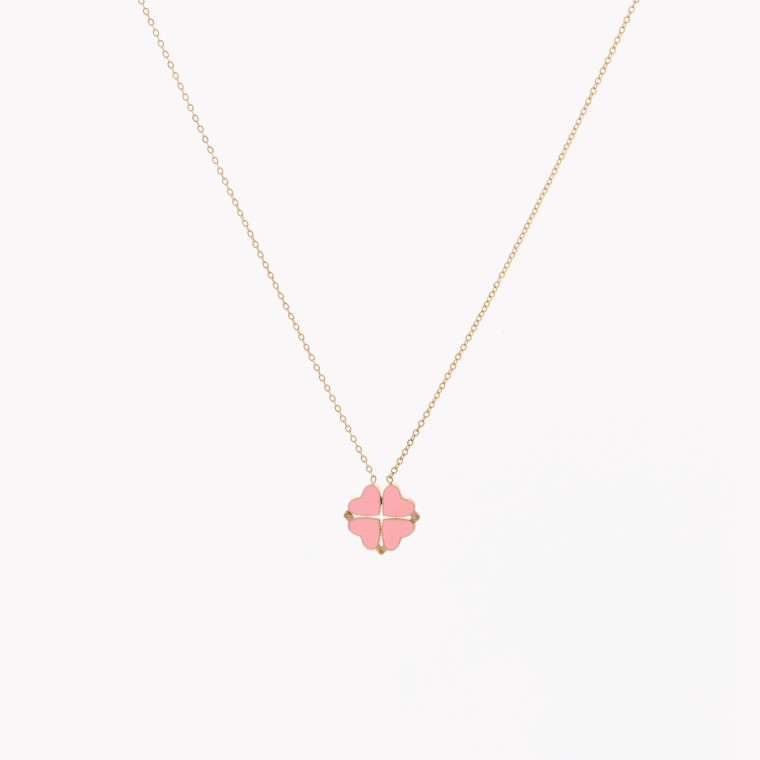 Steel necklace clover and heart pink GB