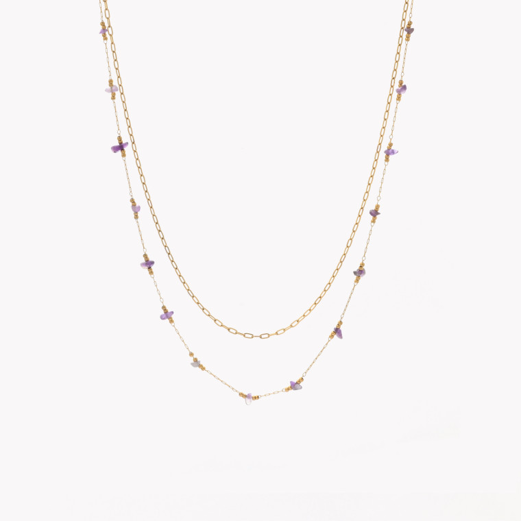 Double steel necklace with pink stones GBDouble steel necklace with pink stones GB