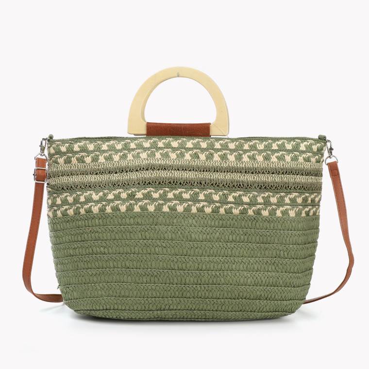 Straw bag with print and wooden handle GB