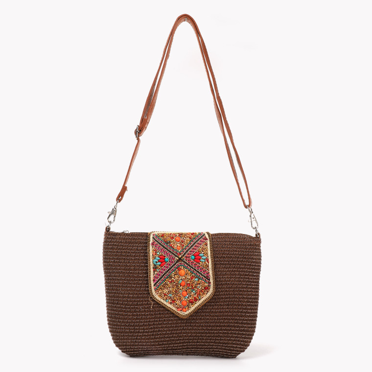 Straw crossbody bag with multicolored beads GB