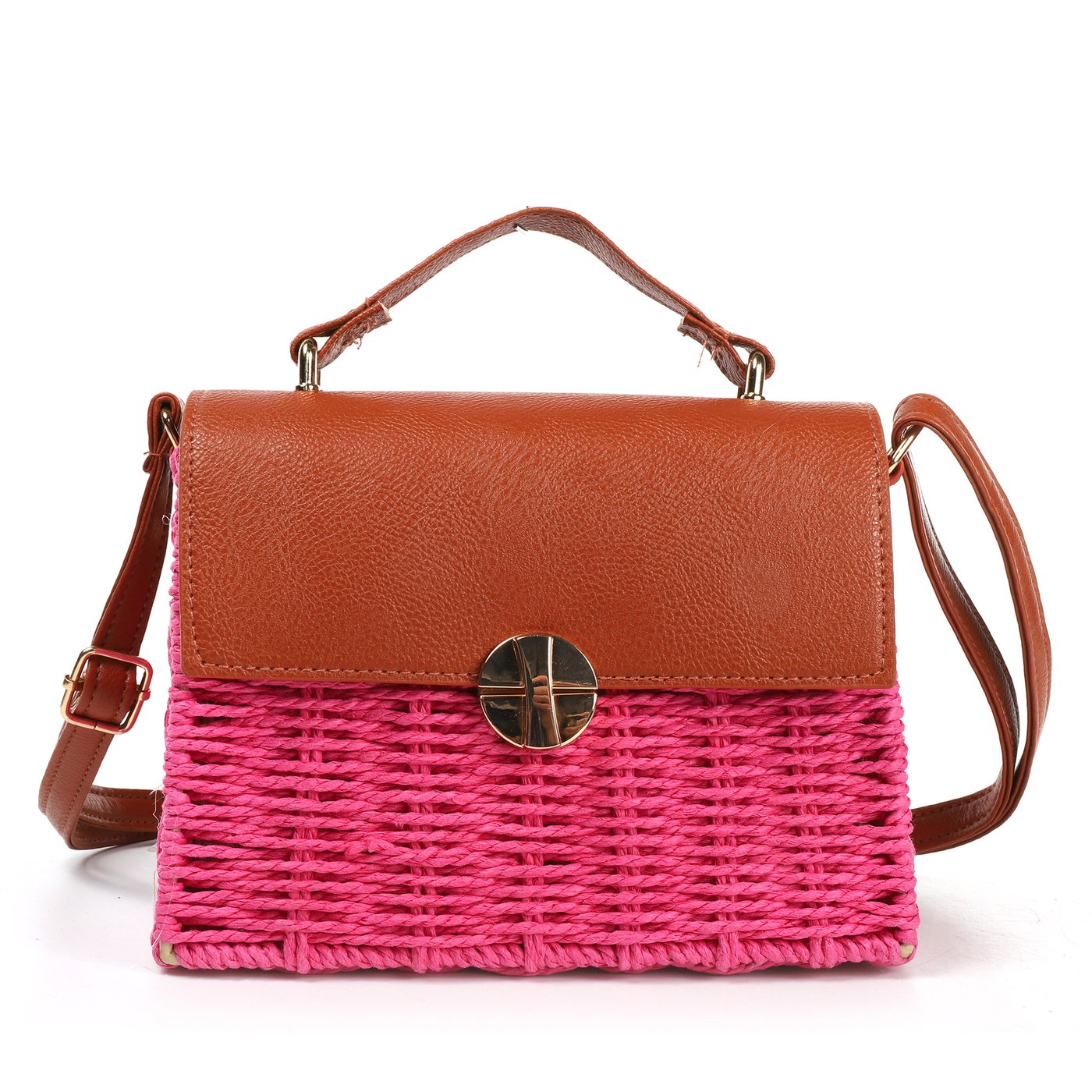 Straw and synthetic shoulder bag with gold detail GB