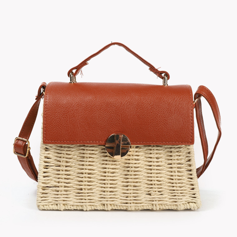 Straw and synthetic shoulder bag with gold detail GB