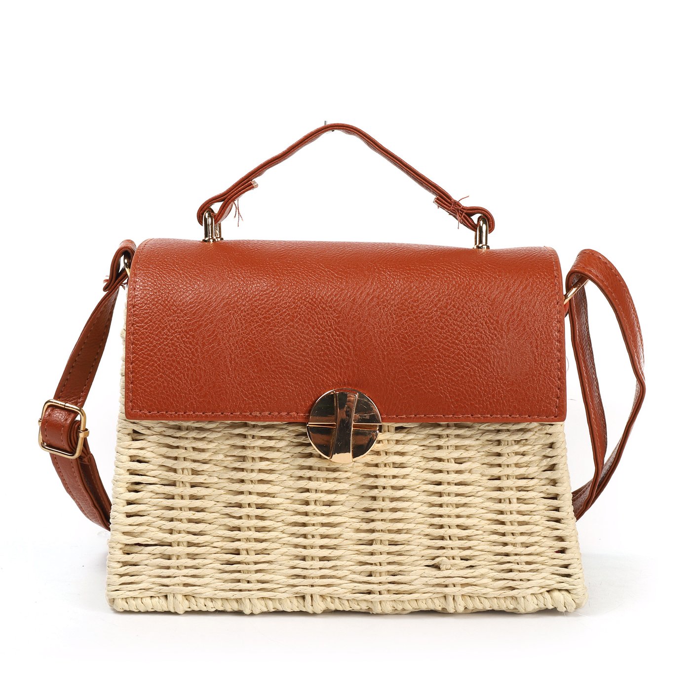 Straw and synthetic shoulder bag with gold detail GB