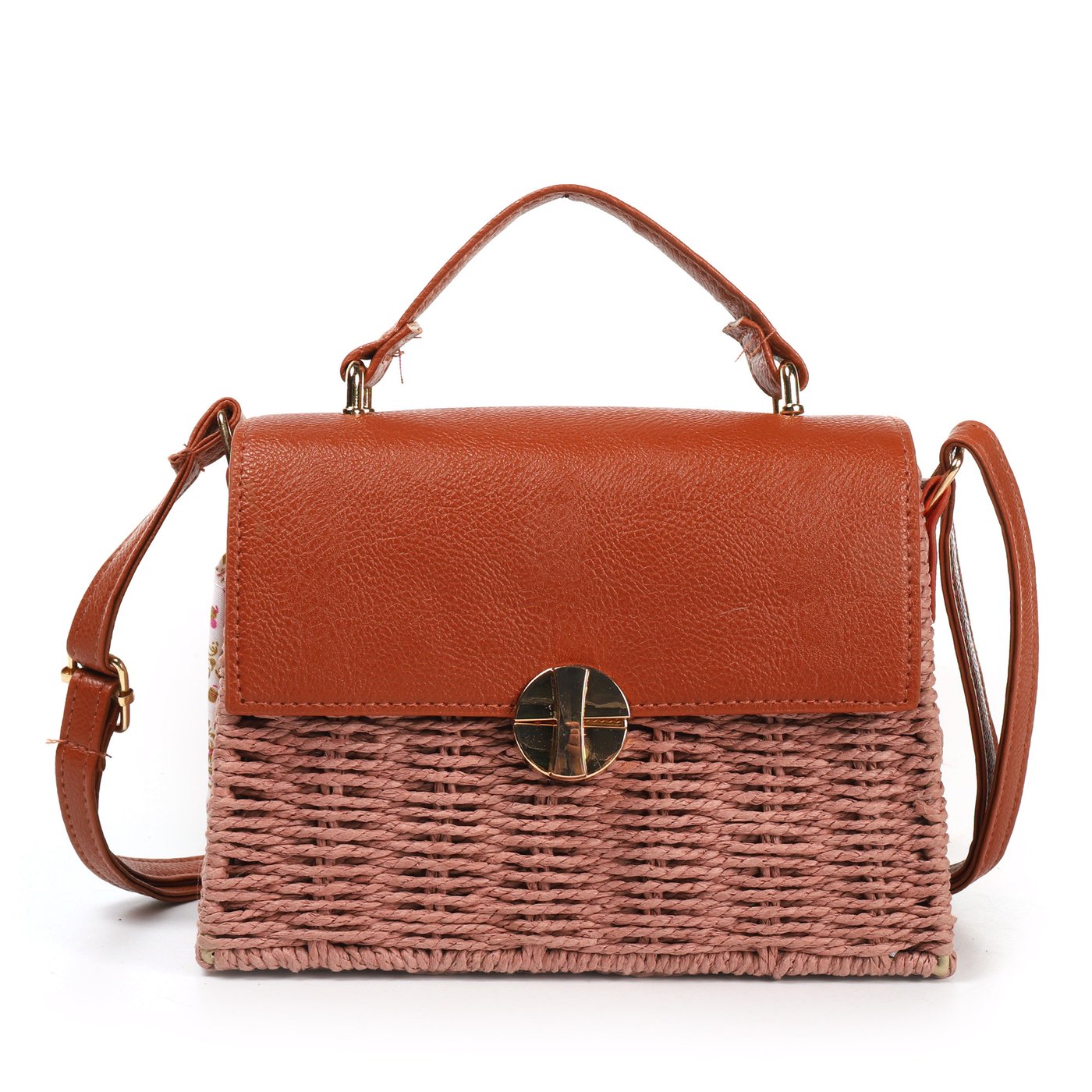 Straw and synthetic shoulder bag with gold detail GB