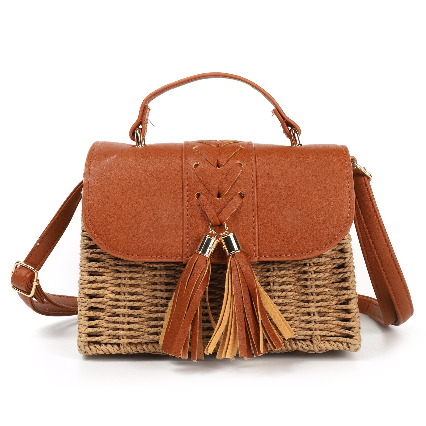 Straw and synthetic shoulder bag with pompom details GB