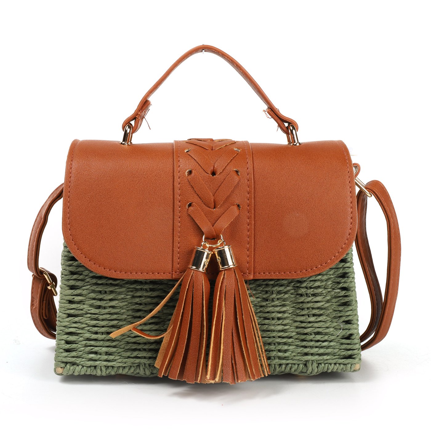 Straw and synthetic shoulder bag with pompom details GB